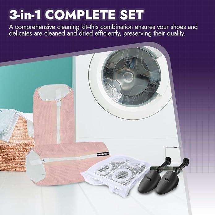 Wash Express Shoe Cleaning Kit: Shoe Washing Bag (2pcs), Mesh Laundry Bag for Shoe Dryer and Adjustable Shoe Trees (5 pc kit)
