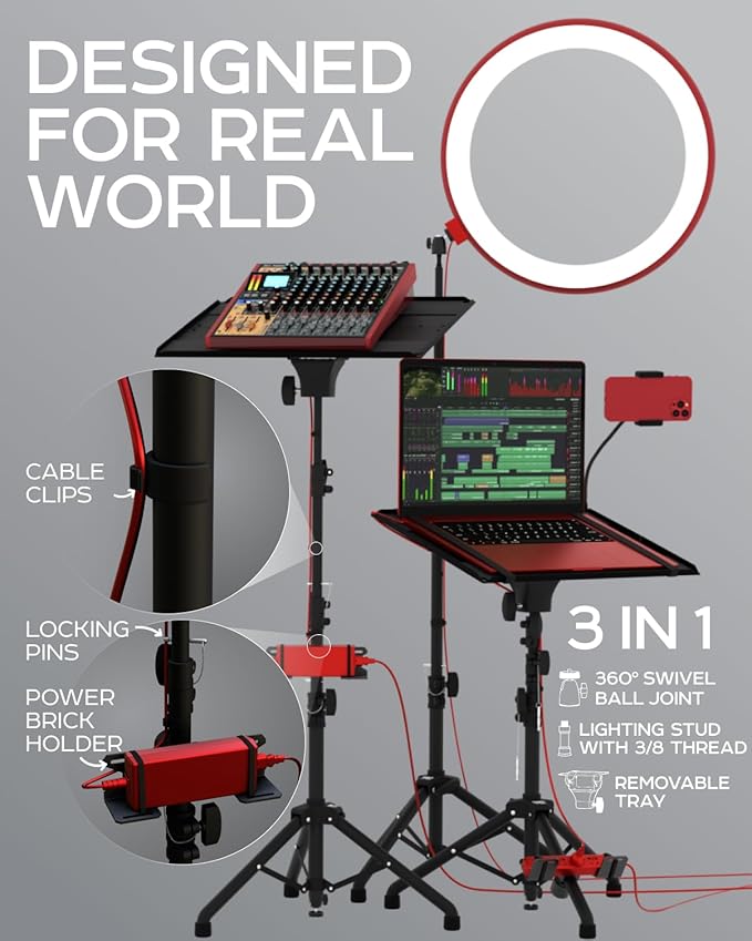 PropVue Projector Tripod Stand, Height Adjustable 27" to 62" & Floor Projector Stand, Portable Laptop Stand, Camera & Light & Ball-Joint – Well-Made, Easy-to-Adjust, DJ Rack & Music or Movie stand