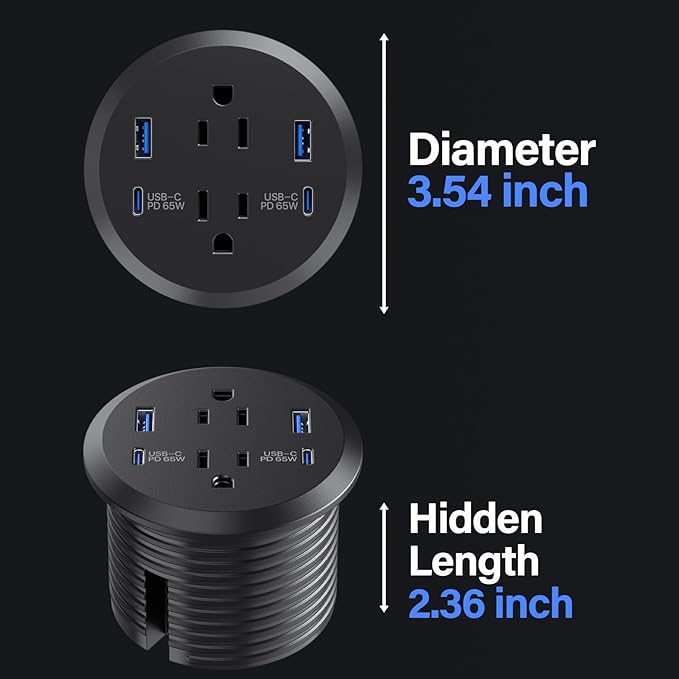 3 inch Desktop Power Grommet USB C,65W Fast Charging Station,Furniture Recessed Power Strip,2 Outlets,4 USB Ports,Flush-Mount for Desktop, Workspace Essential Desk Outlet,2 Pack (Black)