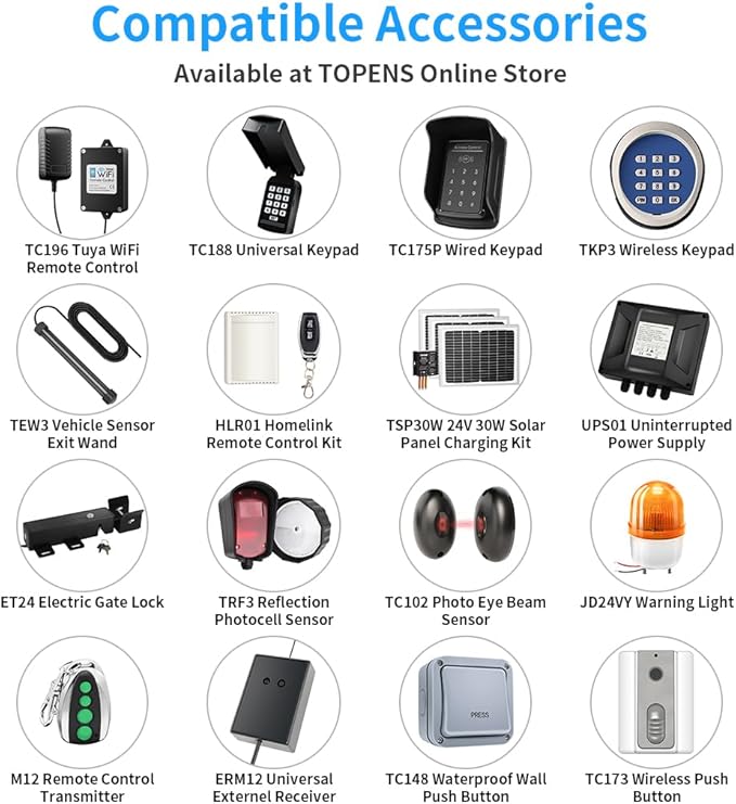 TOPENS PW302 Dual Swing Gate Opener Light Duty Automatic Gate Motor for Double Swing Gates Up to 12ft per Arm, Electric Driveway Gate Operator AC Powered with Remote Control Kit Solar Compatible