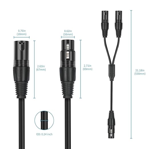 2 Pack XLR Y Splitter, 1.5FT XLR Female to Dual Male, Balanced Mic Audio Cables for Stereo Mic to L&R Audio