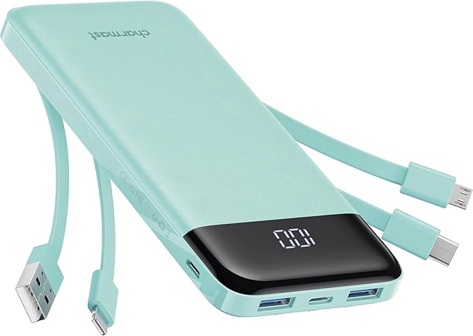 charmast Portable Charger with Built in Cables, Power Bank with Cords Wires, Slim 10000mAh Travel Battery Pack 6 Outputs 3 Inputs 5A Fast Charging for Samsung Google Pixel LG Moto iPhone iPad