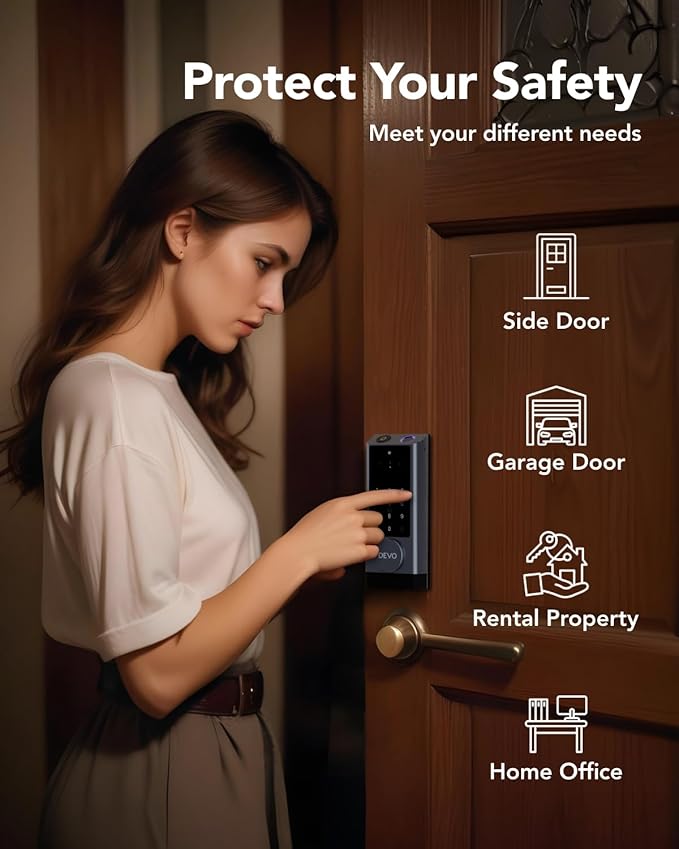 Devo G1 Video Smart Lock with Camera&Doorbell, 6-in-1 Keyless Entry Door Lock Deadbolt with Handle Set, App Remote, Fingerprint ID, Auto Locks, Built-in Wi-Fi Smart Deadbolt for Front Door