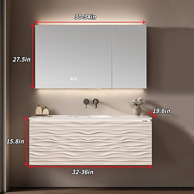32IN Bathroom Vanity - Smart Defogging Mirror Cabinet | Waterproofing Technology & Wave Shaped Door Panel, Floating Bathroom Vanities with Large Storage Space (Mirror Cabinet)