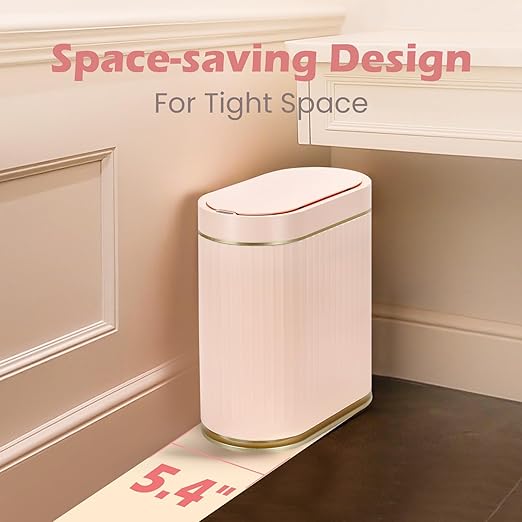 Bathroom Sensor Trash Can with Lid Automatic 2 Gallon Motion Sensor Garbage Bin, 7.5 Liter Slim Waterproof Plastic Wastebasket, Bathroom Decor for Bedroom, Office, Living Room, Pink