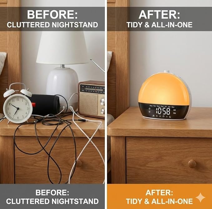 Risop Wake Up Light Sunrise Alarm Clock for Heavy Sleepers, All-in-One Smart Bedside Device with Bluetooth Speaker, FM Radio, Dual Alarm & Sleep Aid Night Light, Best Gift for Adults & Kids