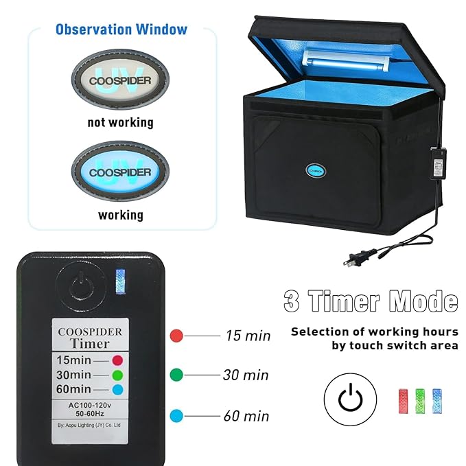 Large UVC Sanitizer Box Ozone Free, Foldable Cleaner Bag with Timer, 36L/9.5gal UV Light Bulb Black Tote for Shoes, Cell Phone, Baby Bottle, Key, Towel