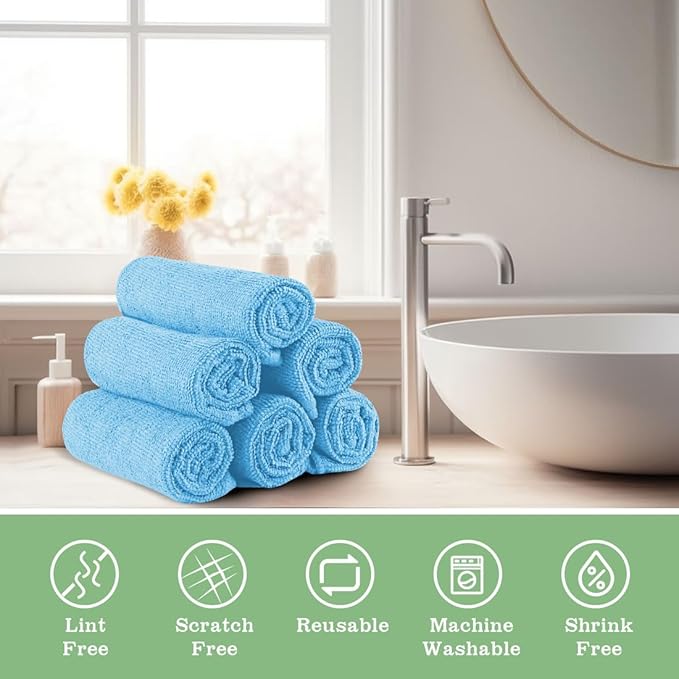 UNIMADE Washcloths Bulk - 100 Pack - Face Towels (12" x 12"), Highly Soft Wash Cloths and Hand Towels, Fast Drying Multi-Purpose Microfiber Cleansing Cloths for Bathroom, Hotel, Spa, and Salon - Blue