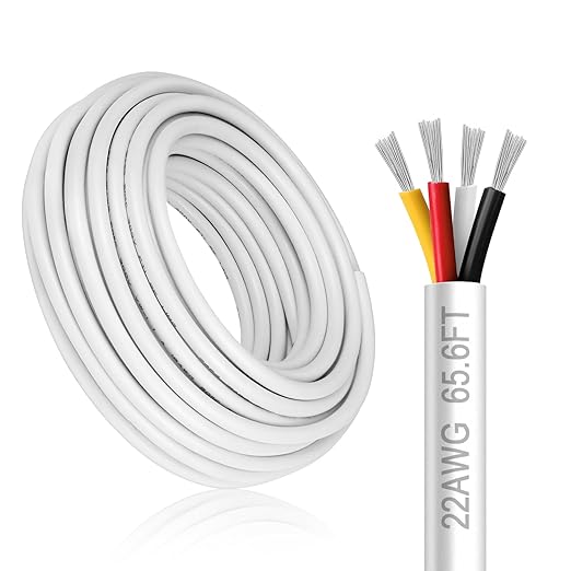 22 Gauge 4 Conductor Electrical Wire, 65.6FT White Stranded Low Voltage 22/4 PVC Case, 22 AWG Tinned Copper 4 Wire Extension Power for Strips LED Lamp Lighting