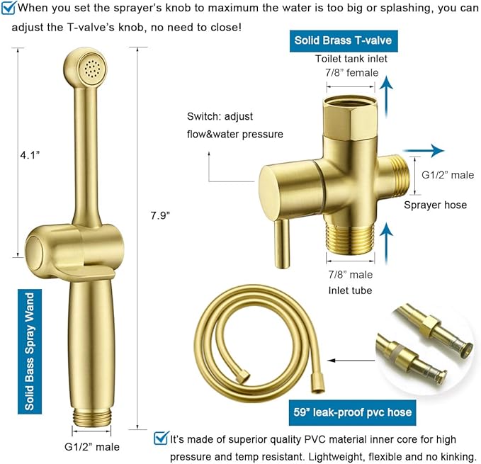 Handheld Bidet Toilet Sprayer, Brass Hand Held Bidet Attachment Cloth Diaper Toilet Sprayer with Backflow Preventer, Adjustable Water Jet Spray for Toilet with 7.9" Long Bidet Wand, Brushed Gold