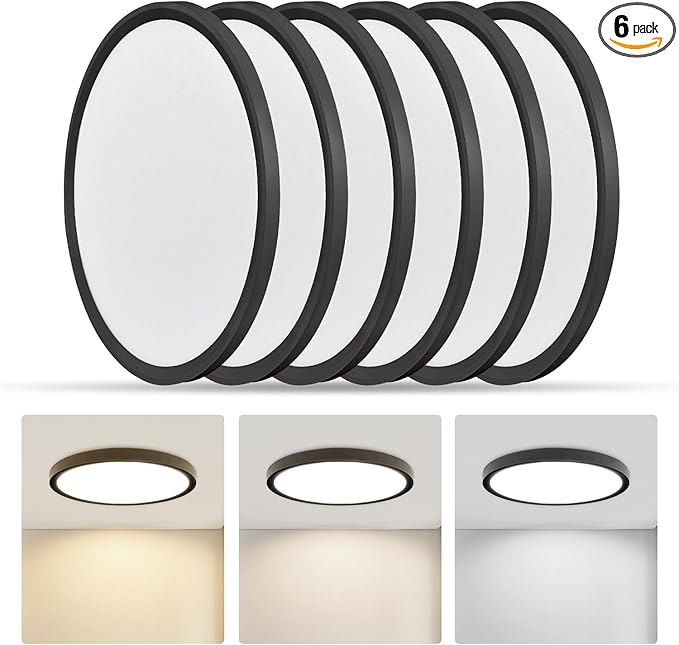 RLEDPZTX Led Flush Mount Ceiling Light,9 Inch 18w 1860lm,3000k/4000k/6000k 3CCT Selectable, Round Modern Flat Panel Super Slim Led Ceiling Light,for Living Dining Kitchen Bedroom Room (6Pack-Black)