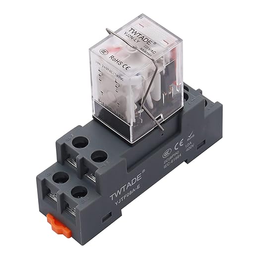 TWTADE/AC 220V Electromagnetic Power Coil Relay 10A 8 Pins DPDT 2NO 2NC with Indicator Light and Socket Base -YJ2N-LY