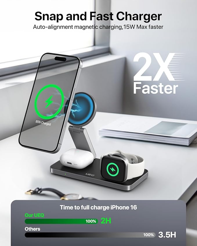 UEQ Foldable 3 in 1 Wireless Charging Station for Apple Magsafe Charger Stand,Fast Magnetic Wireless Charger Station for iPhone 17 Air 16 15 14 13 12 Series,Airpods Pro,Apple Watch Ultra (Pure Black)