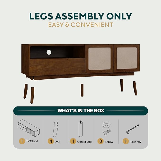 Calista TV Stand 1 Drawer 2 Door – Chestnut Finish Media Console with Open Shelf & Fabric Panel Doors, Mid-Century Modern Style with Tapered Legs, Easy Assembly
