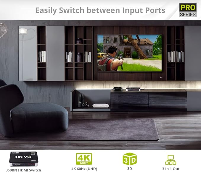 Kinivo HDMI Switch 3 in 1 Out 4K 60Hz (HDR 10, High Speed 18Gbps, IR Remote, HDCP2.2, Dolby Vision, VRR) - 350BN Switcher Compatible with Roku, PS5, Xbox, Apple TV, Nintendo Switch 2, Cable Box