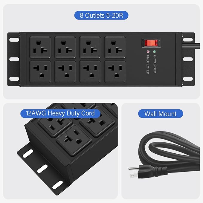 CCCEI 2PCS Heavy Duty Power Strip Surge Protector 20 AMP, 8 Outlets 12 Gauge Shop Garage Metal Multiple Outlets, 15 FT Extension Cord 5-15P Adapter High Amp 6-20R T-Slot 20a for Appliance Black.