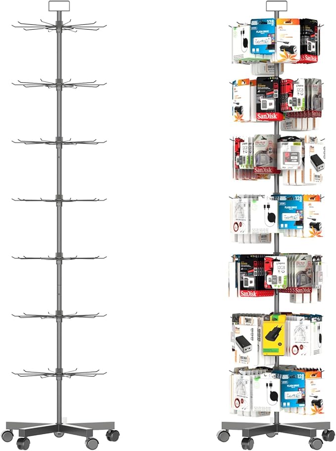 YEOOE Upgraded Retail Display Stand 7 Tier Spinning Display Stand, Movable Shop Spinner Rack with Hooks, Retail Display Racks for Jewelry Keyring Hats Socks Toys (Black)