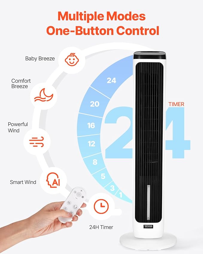 VEVOR Evaporative Air Cooler, Standing Fans that Blow Cold Air, 23.3ft/s 70° Remote Oscillating Tower Fan w/ 9-Speed 4 Mode, 24H Timer, Swamp Cooler, Portable AC Fan for Bedroom, Office