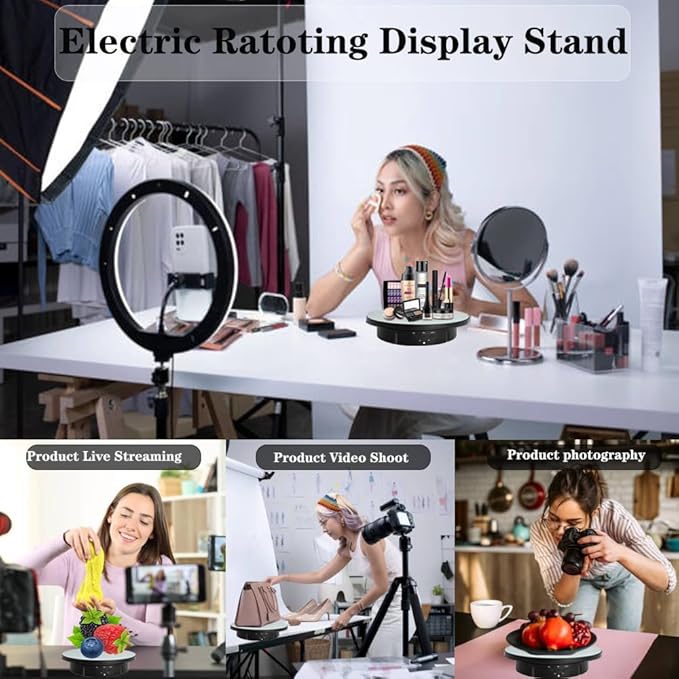 JAYEGT 3 in 1 Motorized Rotating Display Stand with 5.74/7.08/8.66 inch Replacement Mirror Cover， 22lbs Load , 360 Degree Electronic Turntable for Photography Products Shows, Jewelry (Mirror/3 in1 / Black/ NO Remote controller)