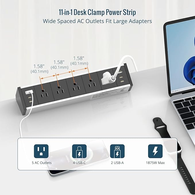 Tecmojo Desk Clamp Power Strip 5 Outlet with 2 USB A and 4 USB C Ports, 6 ft Cord, Desk Outlet Station Fit 1.6" Tabletop Edge,Over Loading Protection,ETL Listed,Black