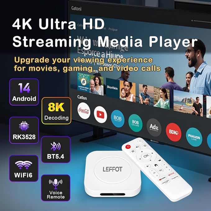 Android 14 TV Box 2025, LEFFOT M1 Plus 4K Ultra HD Streaming Device for TV, 2GB RAM + 16GB ROM, Smart TV Box with Google Assistant Voice Remote, HDR 10, 2.4G & 5G WiFi 6, BT 5.4, RK3528 Quad-Core A53