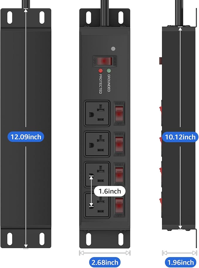 CCCEI Heavy Duty Surge Protector Power Strip 20 Amp Individual Switches. 4FT 12 Gauge Extension Cord with Multiple Outlets. Kitchen, Garage, Shop, Industrial Wall Mount Electric Extender, Black.