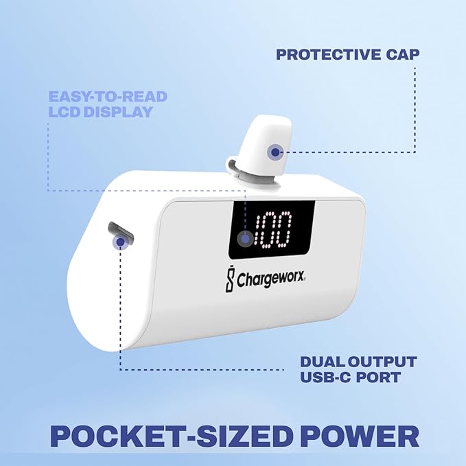 CHARGEWORX Mini Portable Charger Power Bank with Built-in Lightning Output, 5,000 mAh Power Bank with Fast-Charge Dual Output, Pass-Through Charging, LCD Display, Compact Design, White