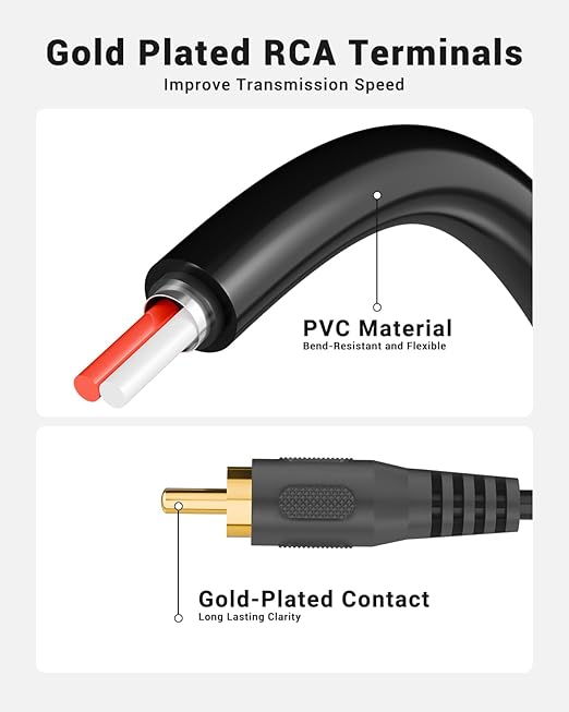 VCELINK RCA Splitter 1 Male to 2 Female Stereo Audio Cable, Gold Plated Dual RCA Female Adapter for Subwoofer, Car Radio, Amplifier, TV, Digital Audio, 2 Pack/0.66FT