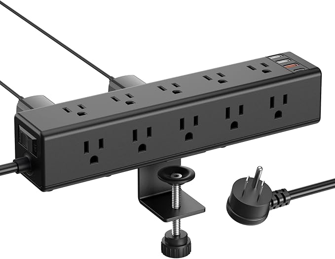 CCCEI Standing Desk Clamp Power Strip with 15 Outlets, Black Desktop Edge Mount Surge Protector Outlet, Fast Charging USB-A and 45W USB-C Ports, 4 FT Flat Plug, Black Fit 1.6 inch Table top.
