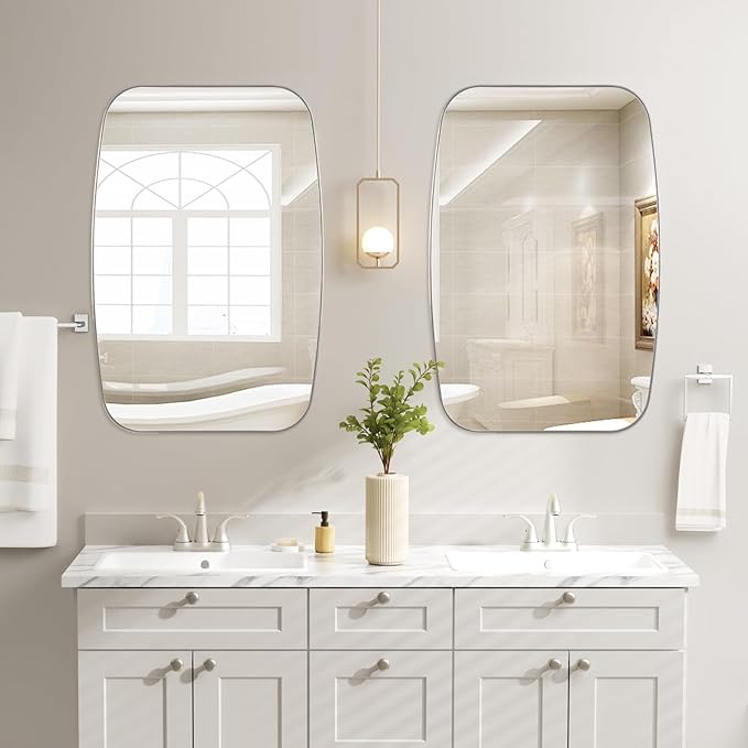 Brushed Nickel Bathroom Mirror, 32"×40" Oval Vanity Mirror with Stainless Steel Metal Frame, Silver Oblong Wall Mount Mirror for Bedroom, Living Room