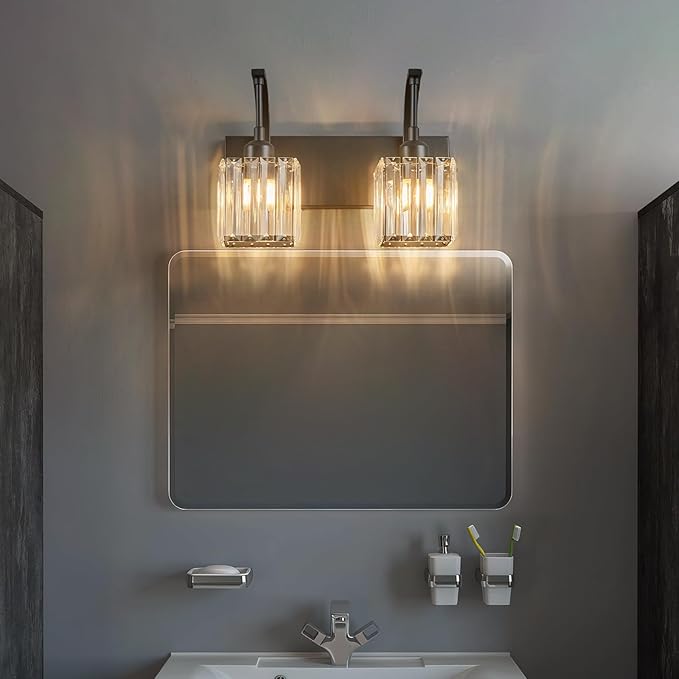 FDPBY Crystal Vanity Lights 2-Light Black Wall Lamp Modern Crystal Bathroom Light Fixtures Over Mirror 13.77" Long Bathroom Wall Sconce