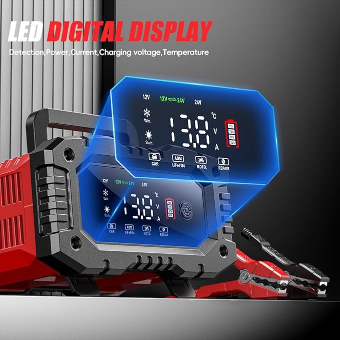Car Battery Charger 20Amp, 12V 24V LiFePO4 Lead Acid Automatic Smart Battery Maintainer,Trickle Charger Automotive & Desulfator, Repair & Winter Mode w/Protections For AGM STD Gel Deep Cycle Batteries