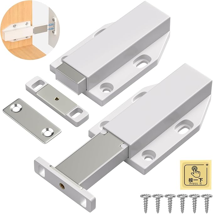 Magnetic Push Latch Heavy Duty Jiayi Push to Open Cabinet Hardware Magnetic Touch Latches for Large Door Push Release Latches Kitchen Drawer Push Catch Press Out Latch (White, 2 Pack)