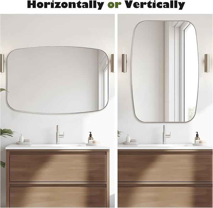 Brushed Nickel Bathroom Mirror, 32"×40" Oval Vanity Mirror with Stainless Steel Metal Frame, Silver Oblong Wall Mount Mirror for Bedroom, Living Room