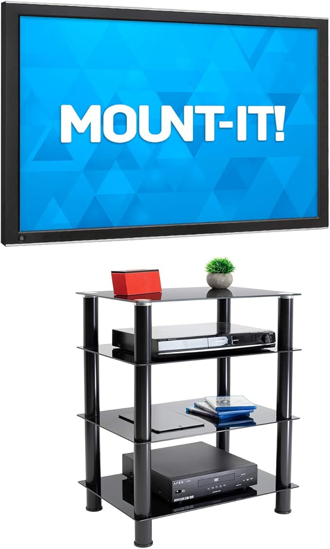 Mount-It! Tempered Glass AV Component Media Stand, Audio Tower and Media Center with 4 Shelves, 88 Lbs Capacity, Black Silk (MI-8670)