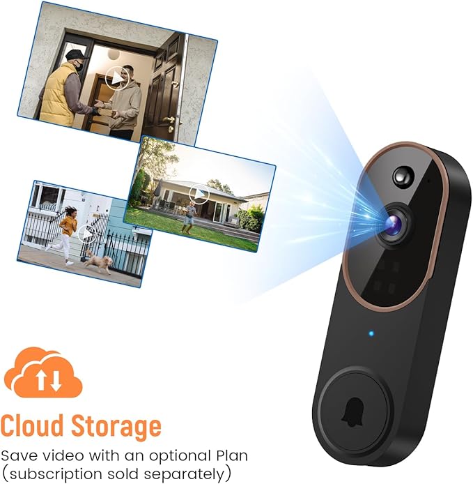 GridTera 1080p Wireless Video Doorbell Camera, AI Human Detection, Live View, Night Vision, Cloud Storage, 2.4G WiFi, Battery Powered, Indoor Outdoor Surveillance (Comes with Doorbell Receiver)