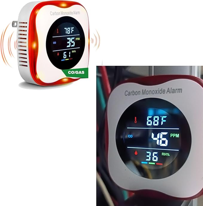 Vzmcov Plug-in Carbon Monoxide Detector with Real-time CO Display and Temperature and Humidity Monitor, Suitable for Home, RV, Apartment, Indoor air Safety Plug-in CO Compact Alarm
