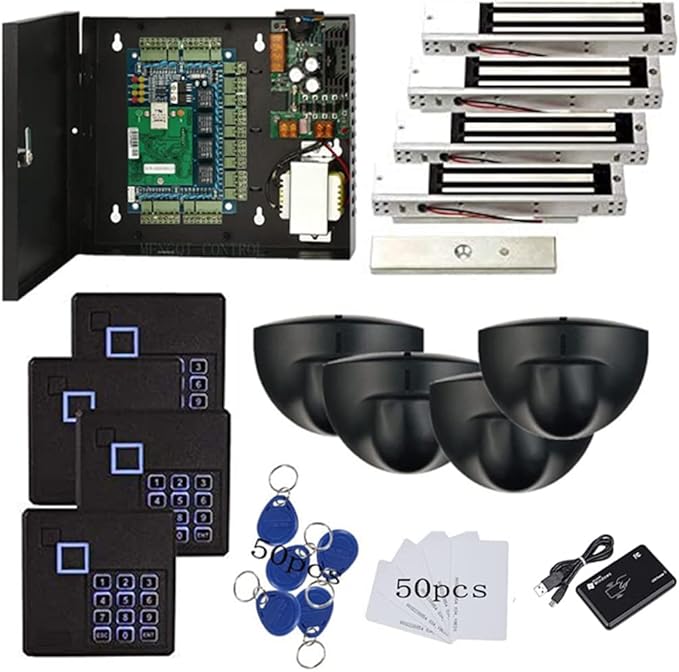 MENGQI-CONTROL Request to Exit PIR Motion Sensor 4 Doors Access Control Electronmagnetic 600 LBS Magnetic Lock 110-240V Power Supply Box RFID Keypad Reader Keyfobs/Cards(Phone APP remotely Open Door)