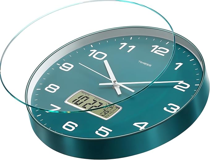 TIMESS Wall Clock, 13" Dial Non-Ticking Silent Battery Operated Analog with LCD Display for Perpetual Calendar and F° Temperature, Ideal Modern Home, Office Decor (Green)