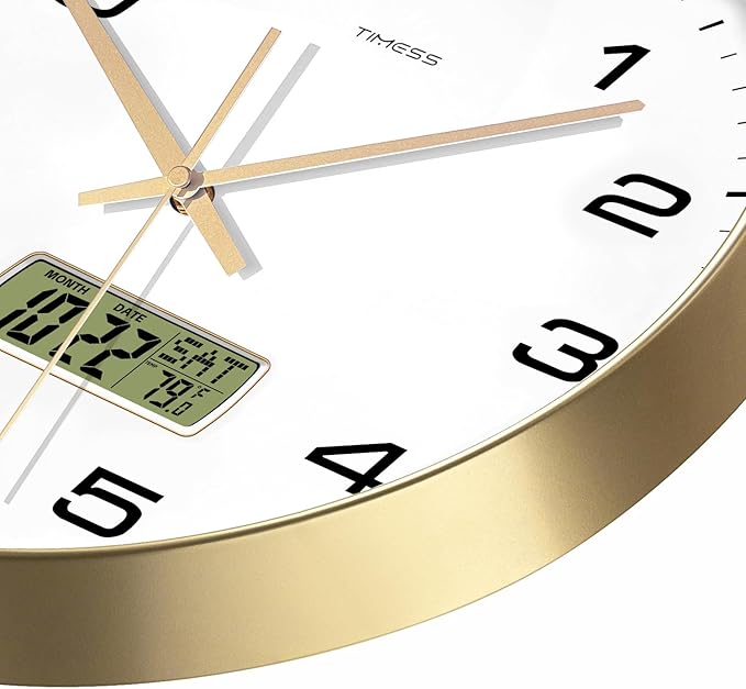 TIMESS Wall Clock, 12" Dial Non-Ticking Silent Battery Operated Analog with LCD Display for Perpetual Calendar and F° Temperature, Ideal Modern Home, Bedroom, Kitchen, Office Decor (Gold)