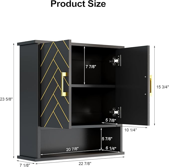 Black Chevron Pattern Bathroom Wall Cabinet, Modern Hanging Medicine Cabinet with Gold Hardware, Space-Saving Over Toilet Storage Organizer (23 5/8" x 22 7/8" x 7 1/8")
