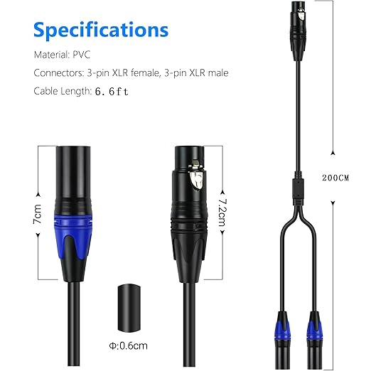 LanSenSu XLR Splitter Cable, 1 Female to 2 Male Patch Y Cable Balanced Microphone Splitter Cord Audio Adaptor 6.6ft (1Pack)