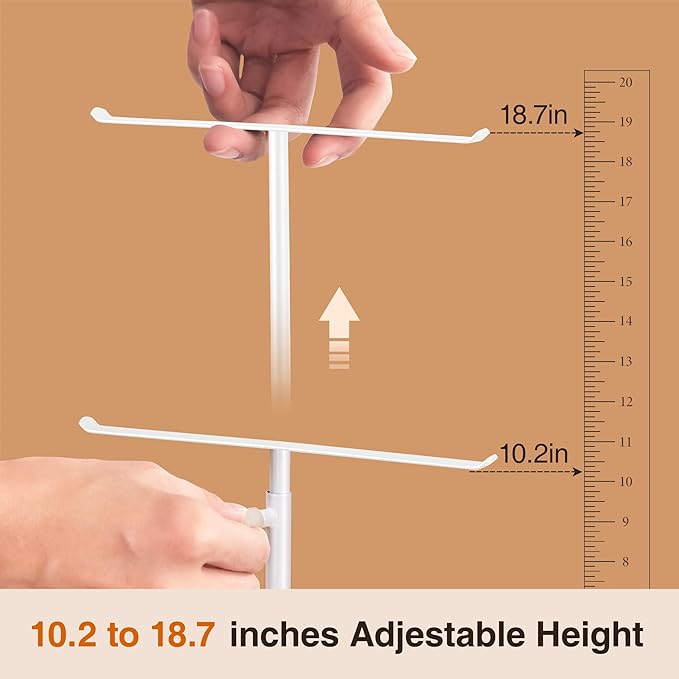 Josmimic White Necklace Holder Jewelry Organizer Stand – Adjustable Height T‑Bar Jewelry Display with White Marble Base, Necklace & Bracelet Holder, Countertop Jewelry Tree