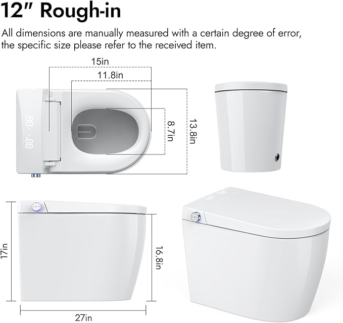 WANSID Compact Smart Toilet With Bidet, Heated Seat, Auto Open/Close Lid, Blackout Flush, Warm Water & Air Dry Function, One-piece Toilet with Tankless Design, Space-Saving, Night Light