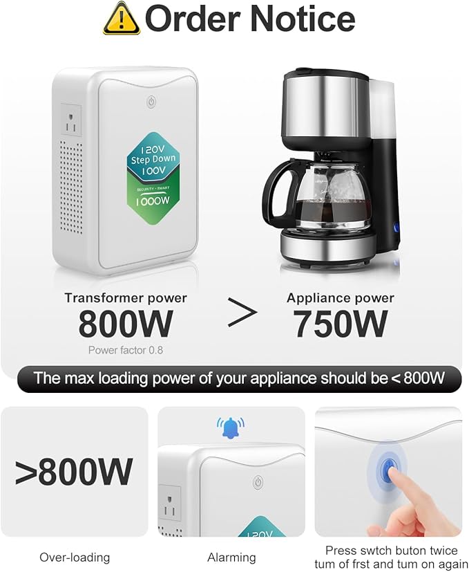 ZHENGXI 120v to 100v Voltage Converters Step Down Transformer 1000W, No Noise, Ten Protection Functions,Using Japan Appliances in US