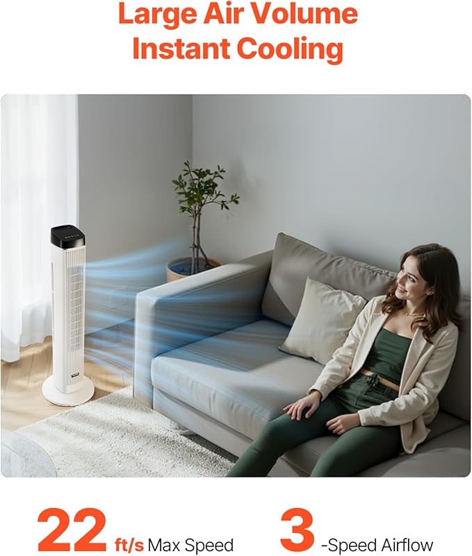 VEVOR Tower Fan, 22 ft/s Velocity Quiet Floor Fan, 70° Oscillating Fans for Indoors with 3 Speeds, 4 Modes, 12H Timer, Portable Standing Bladeless Fan with Remote Control for Bedroom, Office, Home