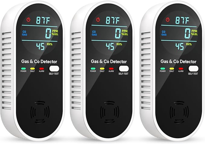 Vilfet Carbon Monoxide Detectors & Natural Gas Detector, 4-in-1 Carbon Monoxide Detectors Plug in, Gas Leak Detector with Dual Alarms, Temperature & Humidity Sensor for Home, RV, Black, 3 Packs