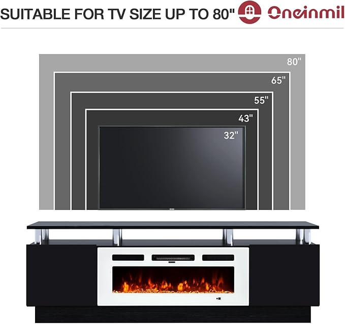 oneinmil Fireplace TV Stand with 36” Electric Fireplace, 70” 2 Tier TV Console Stand for TVs Up to 80", LED Light Entertainment Center, Fireplace for The Living Room TV Stand, Black