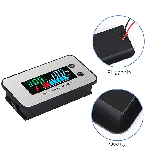 IPX7 Waterproof Battery Monitor with Bracket 7-100V,Car Motorcycle Golf cart Battery Meter Digital Display Capacity Remaining Capacity Percentage Tester with Buzzer Alarm and Temperature