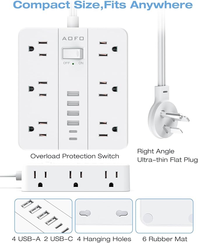 AOFO 15FT Surge Protector Power Strip,12 AC Outlets with 6 USB Ports (2 USB-C), Flat Plug Extension Cord with Multiple Outlets, Wall Mount for Home Office,Dorm, White